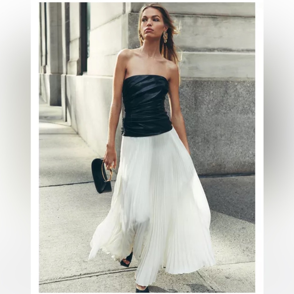Simkhai Arie Faux Leather Bustier Dress Black White Pleated Strapless Sz 2 NWT